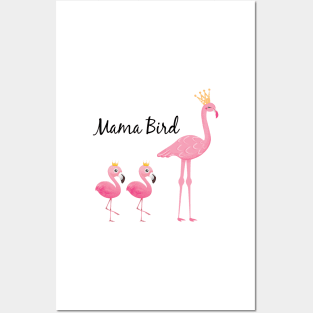 Funny Mama Bird Flamingo with Two Babies - Mamamingo Mom Gift Posters and Art